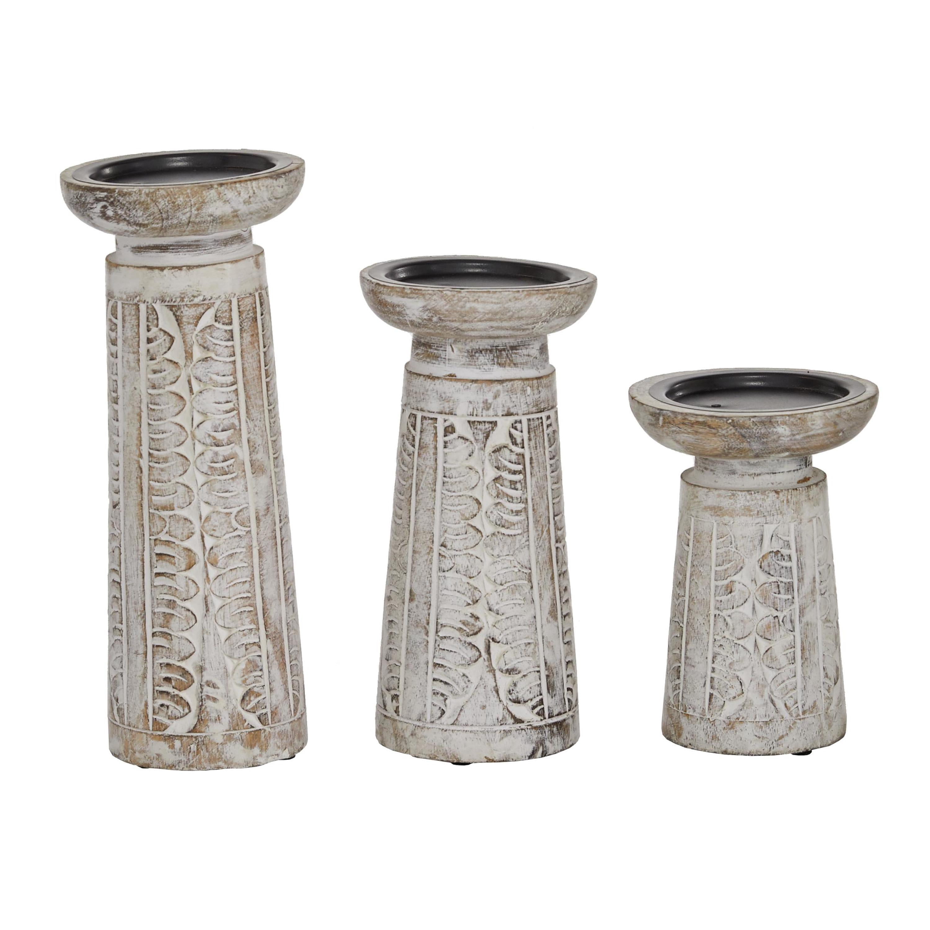 DecMode 3 Candle White Wood Handmade Floral Intricate Carved Pillar Candle Holder, Set of 3