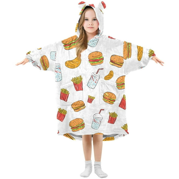 Fast Food Cartoon Wearable Blankets Hoodie Oversize Sherpa Wearable Soft Blanket Warm Cozy 3-14 Age