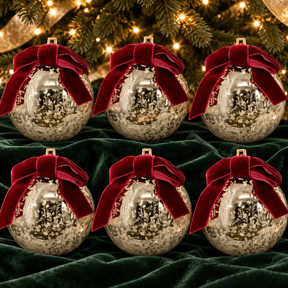 Clearance! Shatterproof Christmas Baubles Set of 6 Vintage Speckled Glass Look Ornaments with Velvet Bow Gold Cap for Holiday Tree Decor Mantel Wreath Display Storage Home Party Decorations