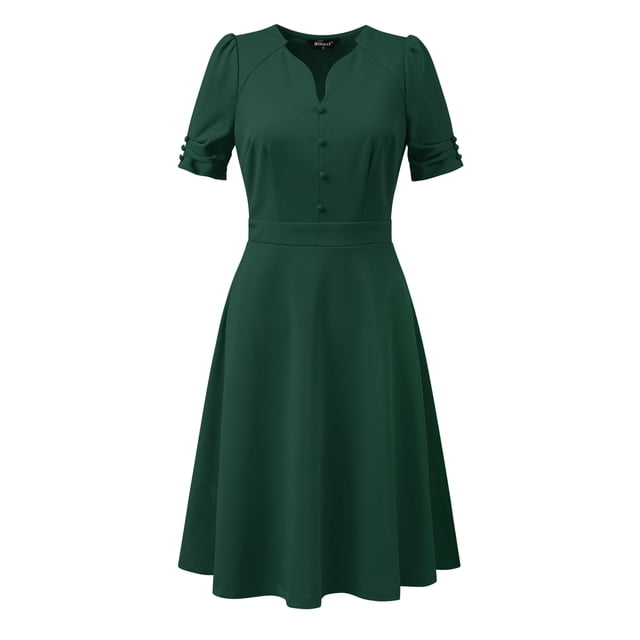 Elegante vestido de negocios para mujer, cuello de corazón, plisado, manga corta, vestido de tubo Verde Oscuro XS