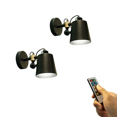 

FSLiving Battery Operated wall Sconces 55 Lumens LED Remote Control Dimmable Timing Cordless Retro Style Black Metal Wall Lamp Easy to Install for Corridor Dorm Nightstand (No Battery) - Set of 2