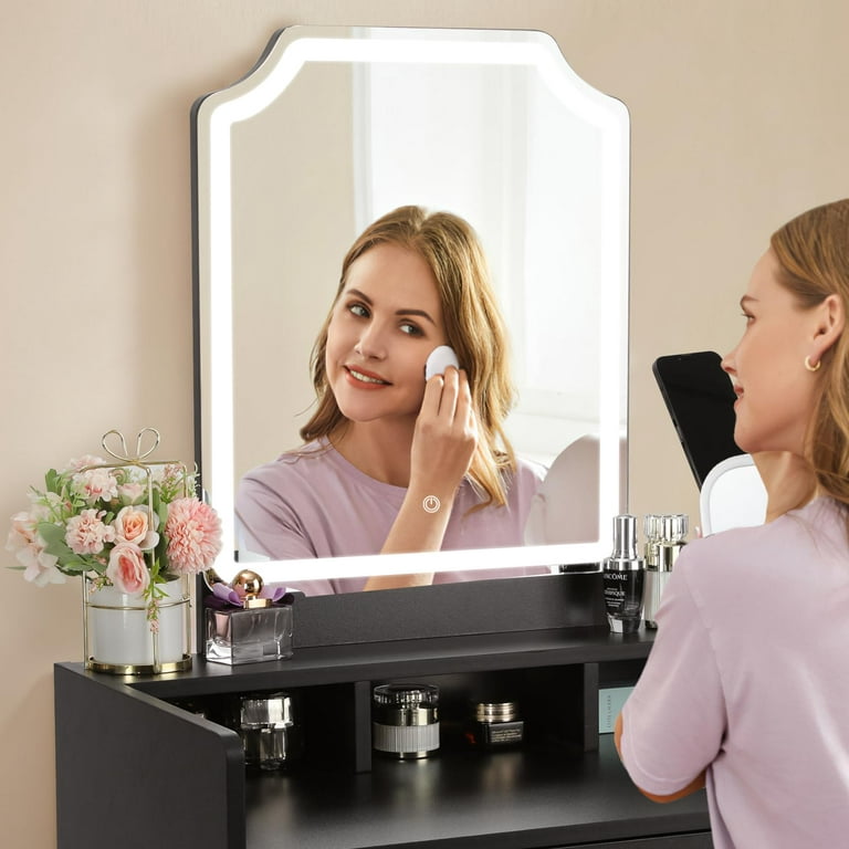 KEUVEN Vanity Desk with Flip Top Mirror and Lights, Makeup Table with 3 Drawers and Stool Storage, Vanity Mirror with Lights 3 Color Dimmable for