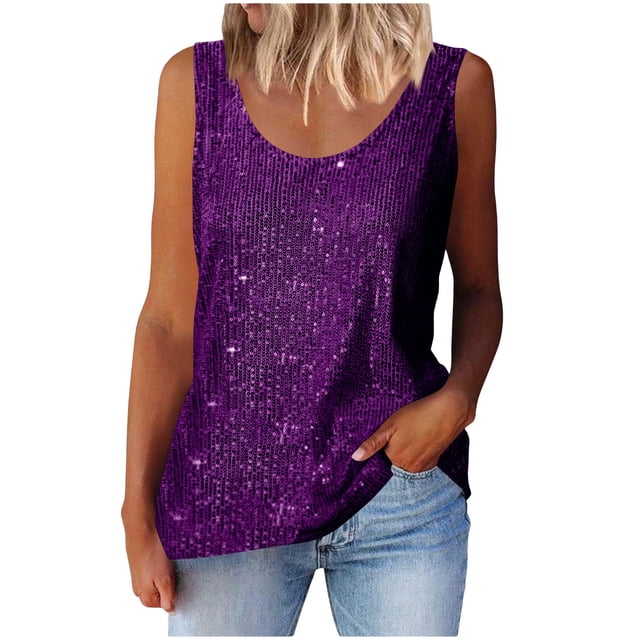 Lenpel Hauts à Paillettes pour Femmes 2025 Mode Été Sans Manches Col Rond Grande Taille Débardeurs Scintillants Blouses