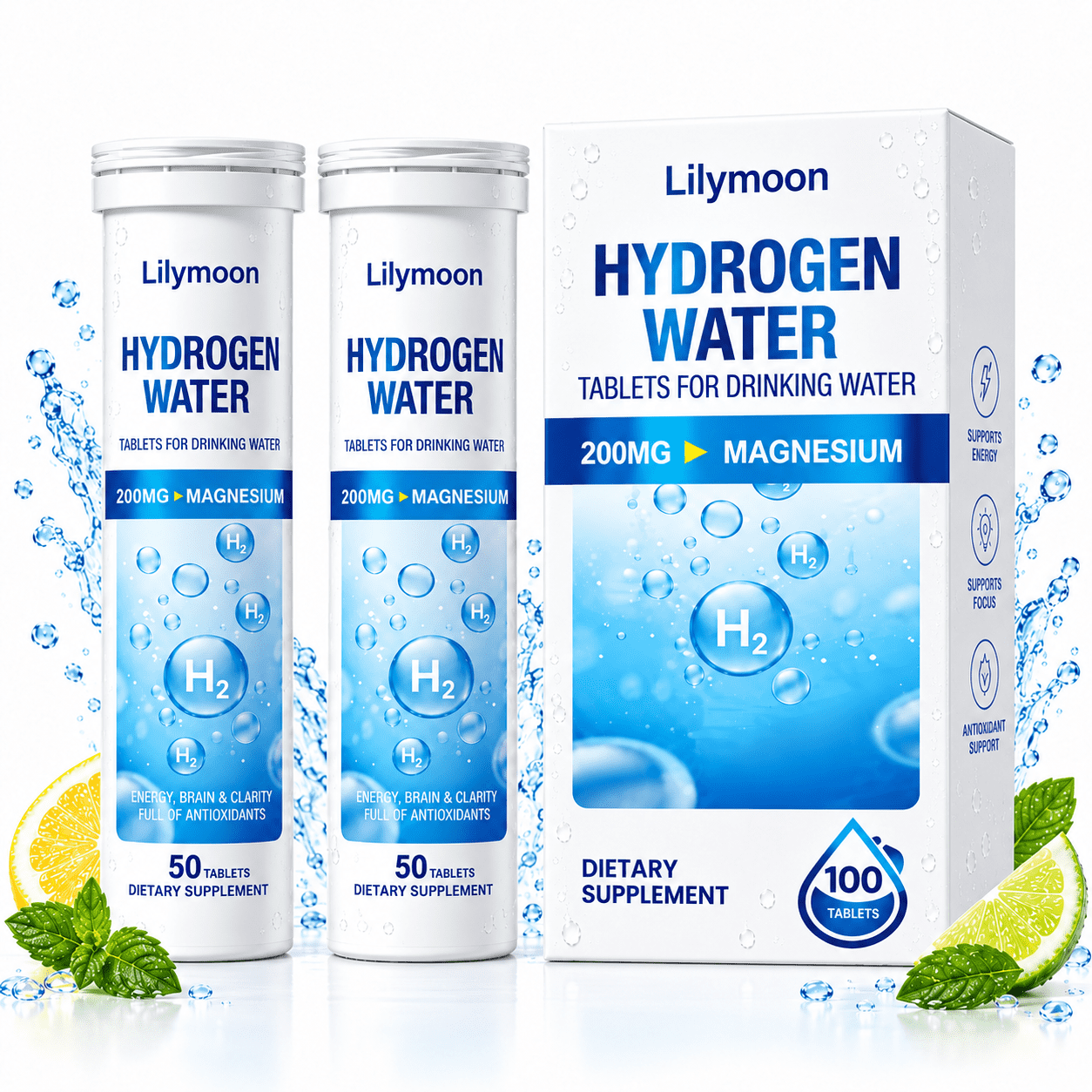 Lilymoon Hydrogen Tablets for Drinking Water, Molecular Hydrogen Water Tablets with 200mg Magnesium, 100 Count Supplement for Energy, Hydration and Mental Clarity