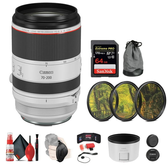 Canon RF 70-200mm F/2.8 L IS USM Lens   64GB SD Card   Camera Bag   3-Piece Filter Set   Memory Card Wallet   Hand Strap   Lens Cap Keeper   Cleaning Kit (International Version)