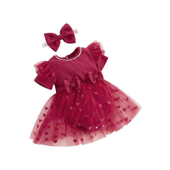 Nituyy Infant Girl Valentine's Day Jumpsuit with Bow Headband Short Sleeve Heart Print Tulle Mesh Ribbed Patchwork Dress Romper