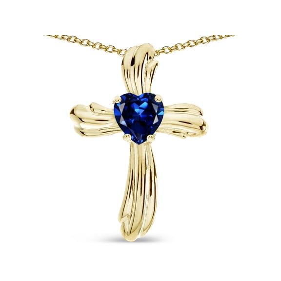 Star K� Heart Shape 6mm Created Sapphire Ribbed Cross Of Love Pendant Necklace 14k Yellow Gold