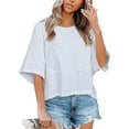 thumbnail image 3 of Womens Tops Women's Patchwork Solid Color Round Neck Three-quarter Sleeve Pagoda Sleeve Loose T-shirt, 3 of 6