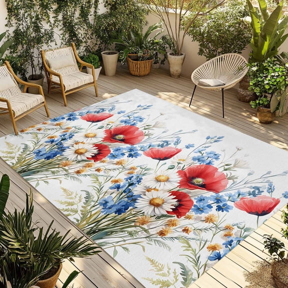 Fsddascl Red Poppy Flower Outdoor Rug for Patio/Deck/Porch, Non-Slip Large Area Rug 4 x 6 Ft, Country Blue White Botanical Floral Indoor Outdoor Rugs Washable Area Rugs, Camping Rug Carpet