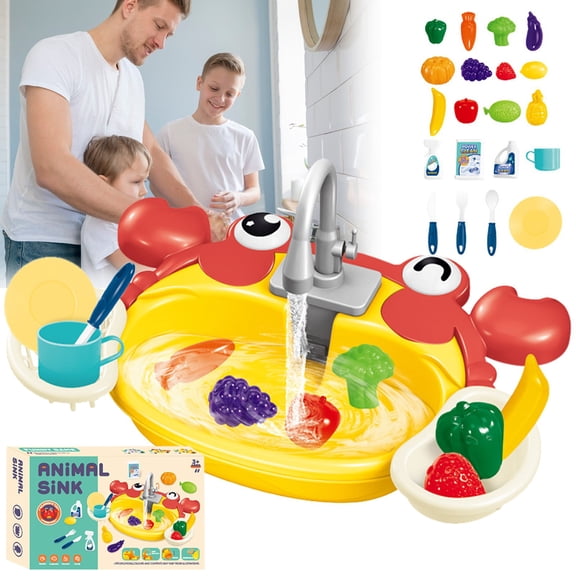 Kids Pretend Play Kitchen Sink with Electric Running Water, Cute Crab Dishwashing Toy, Top Christmas Birthday Holiday Gift, Educational Fine Motor Toy for Toddler Boys Girls Ages 3