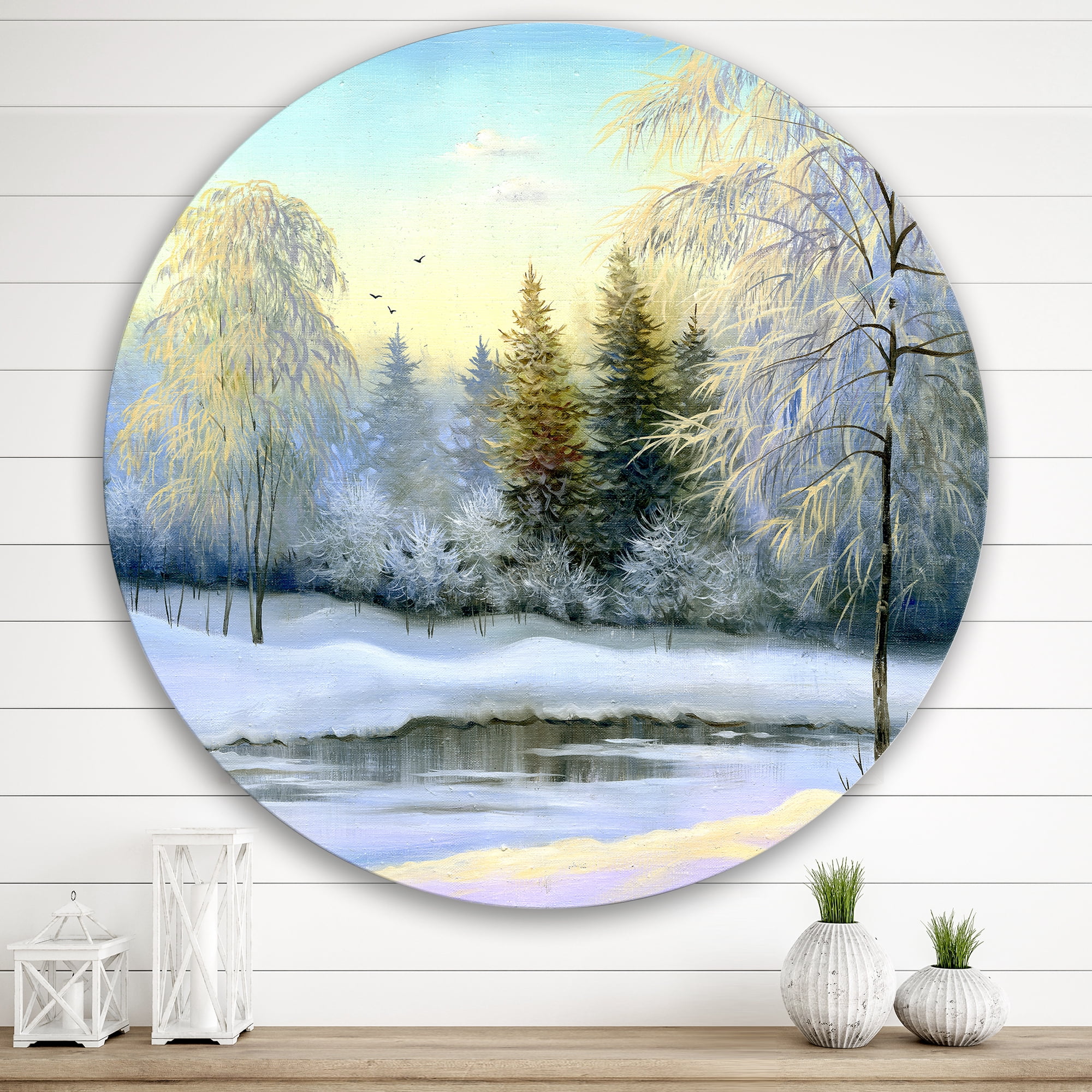 Designart 'Green Trees In Beautiful Winter Snow Landscape' Traditional Circle Metal Wall Art 36x36 - Disc of 36