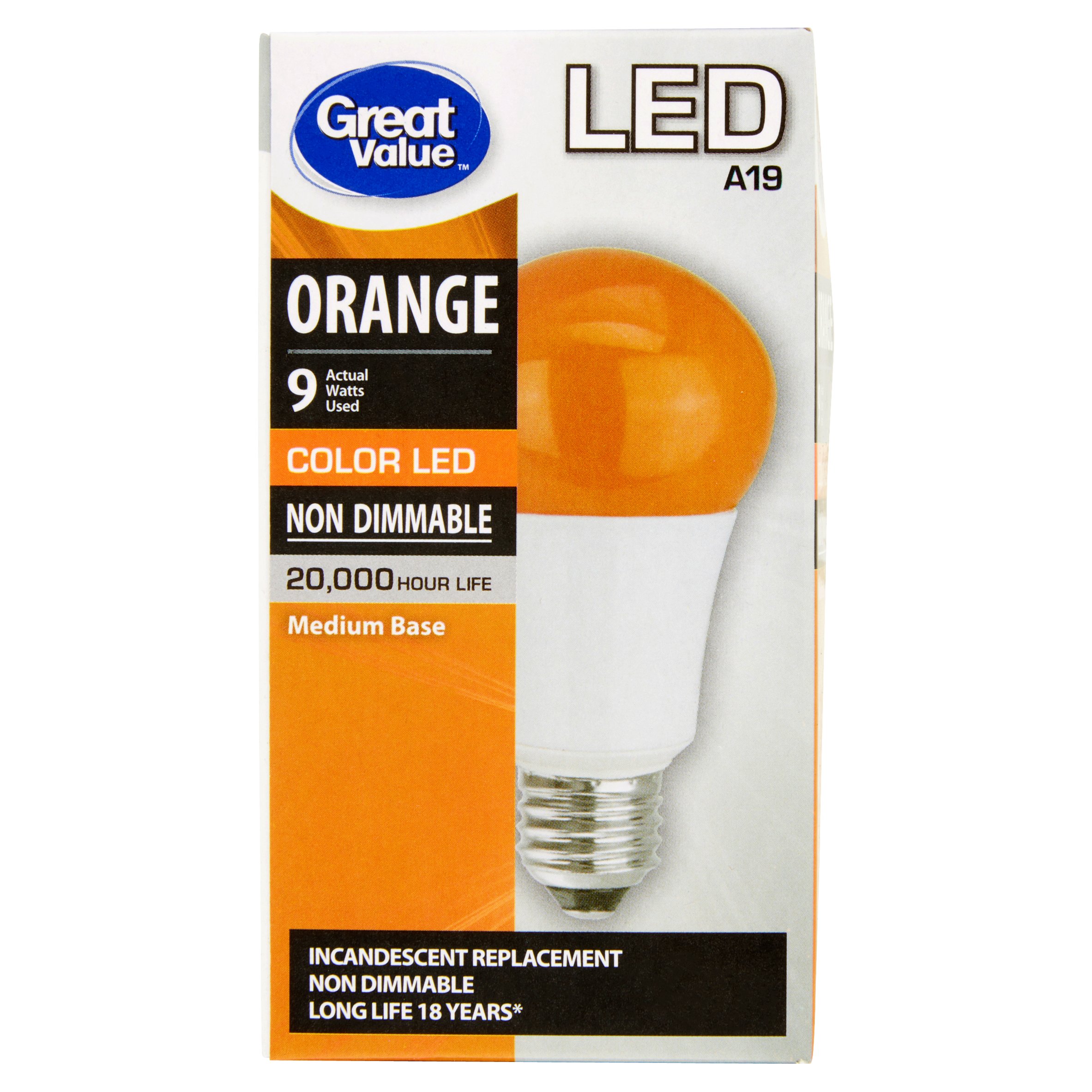 Great Value LED Orange Color LED Medium Base A19 9 Watts