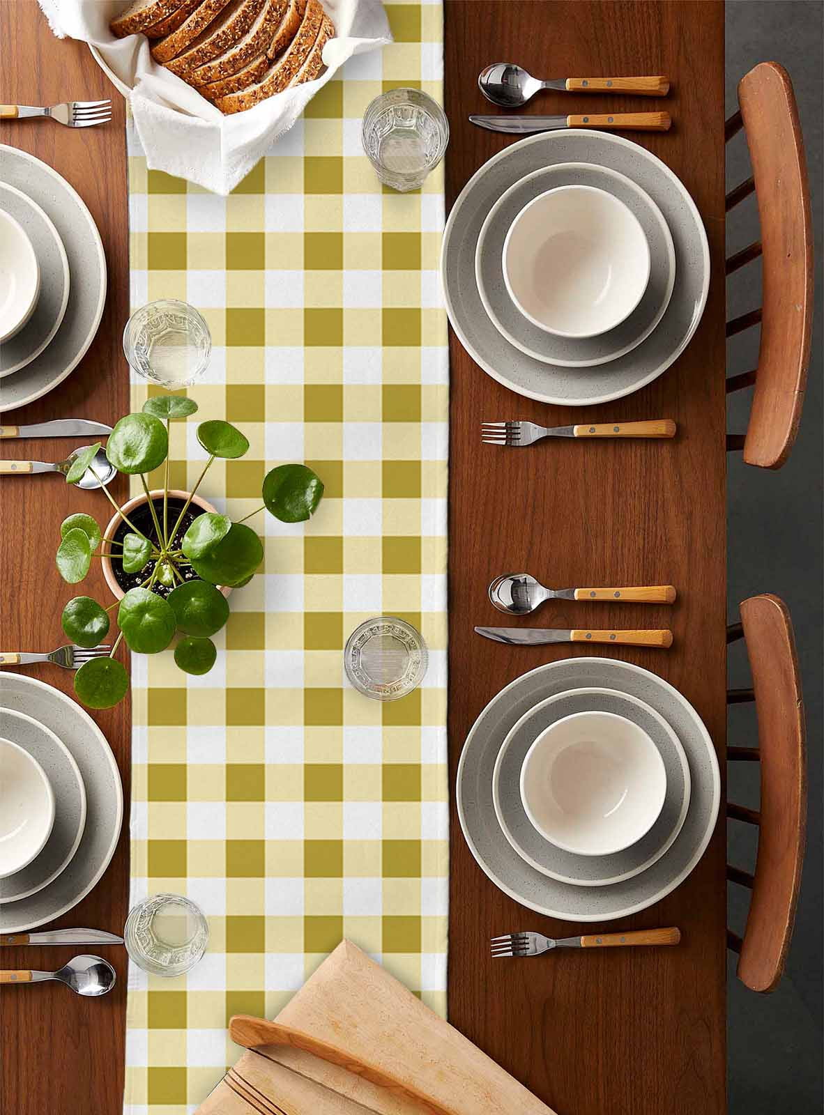 Yellow Checkered Burlap Cotton Table Runner 14x72 Inches Long, Farmhouse Buffalo Plaid Farmhouse Table Runners, Outdoor Dining Tablecloths Decor for Baby Shower/Party/Wedding