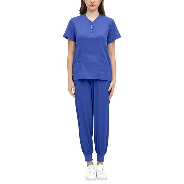 Conjunto médico de enfermería, ropa de trabajo de enfermera con múltiples bolsillos, Top profesional con cuello en V y Azul real