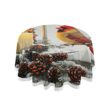 

60 Round Tablecloth with White Lace Trim Wrinkle & Heat-Resistant Table Cover for Dining and Home Decor Candles and Red Cardinals