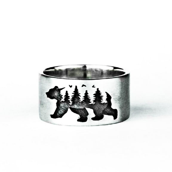 PikaLF Bear Ring for Men, Norse Viking Bear Head Ring, Retro Animal Ring with Engraved Bear and Forest, Vintage Bear Totem Amulet Ring, Hip Hop Biker Ring, Punk Animal Bear Jewelry Gift for Men