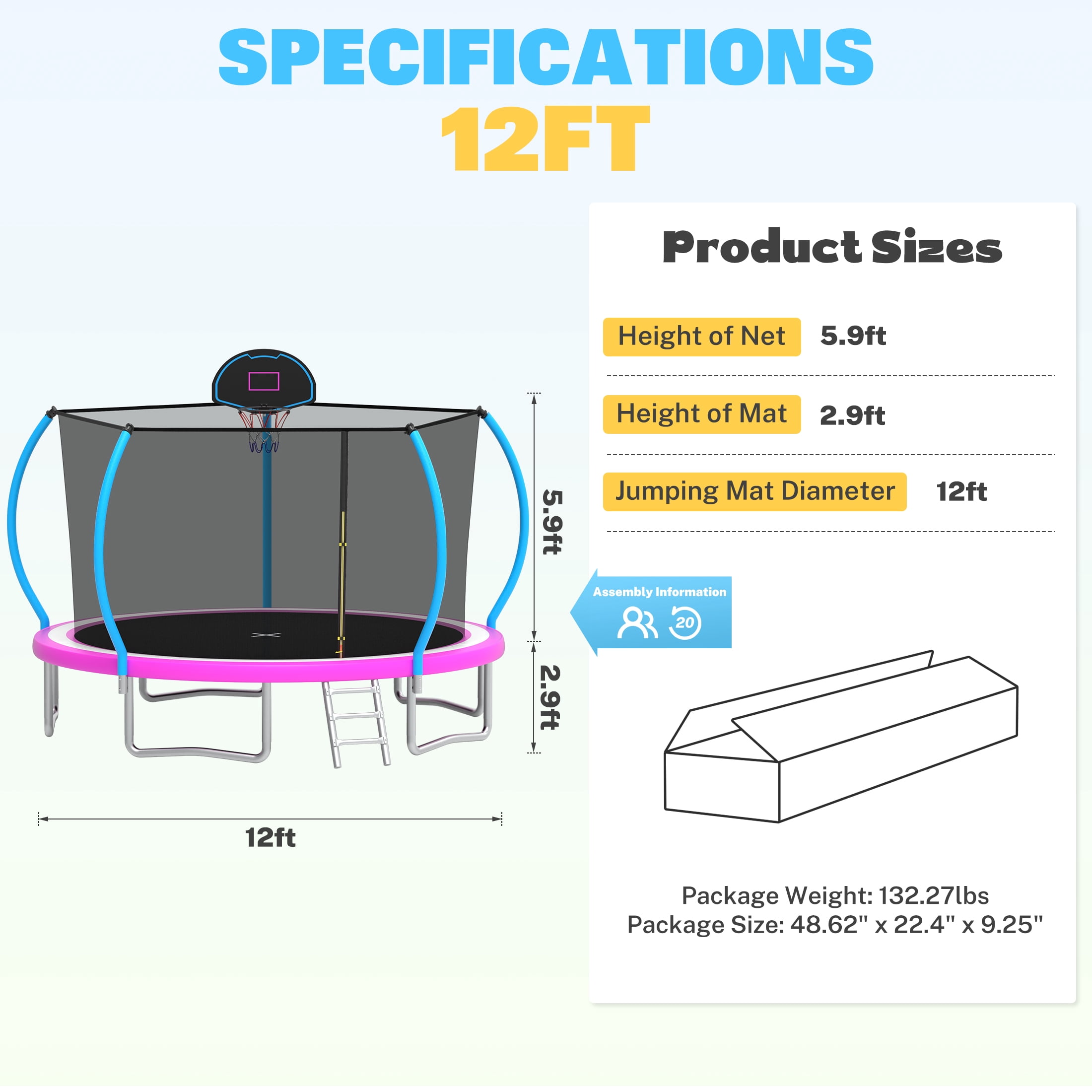 12ft Trampoline with Safety Enclosure, SEGMART Upgrade Outdoor Trampoline with Basketball Hoop, Heavy Duty Back Yard Trampoline with Ladder for Kids and Adults, Pink