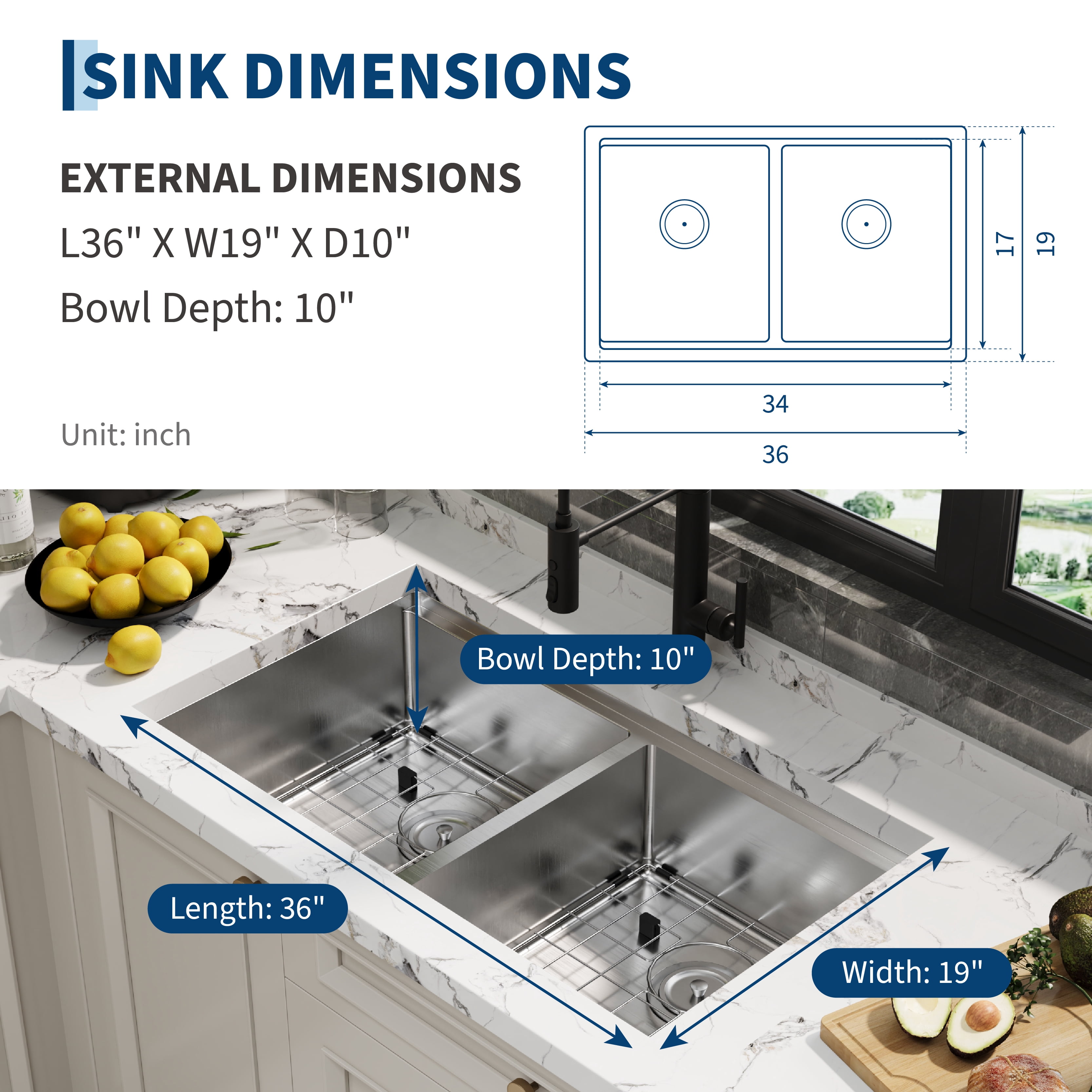 36x19 Inch Undermount Kitchen Sink, Double Bowl Design with Drainboard, 16 Gauge 304 Stainless Steel Construction, 10 Inch Deep, Includes Bottom Grid and Drain Assembly