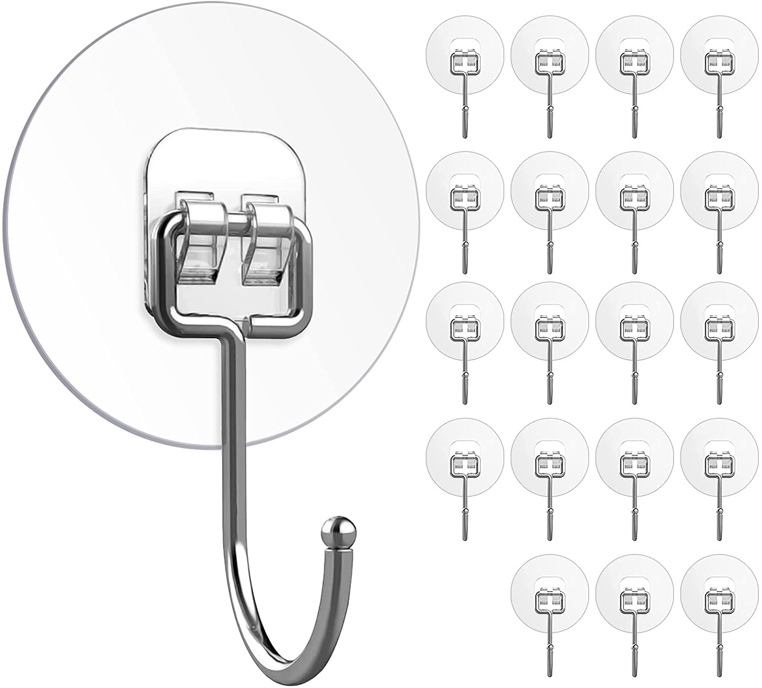 Large Adhesive Hooks 22Ib(Max), 20 Pack Transparent Reusable Hooks for