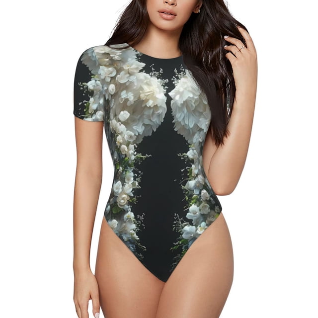 Balery Floral Angelic White Wings Body de cuello redondo de manga corta para mujer Tops de manga corta Tops básicos-Large