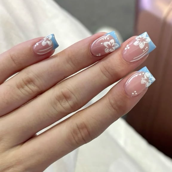 Short square nail cross-border hot-selling French blue manicure nail pieces, fresh flowers, summer wear nail pieces wholesale