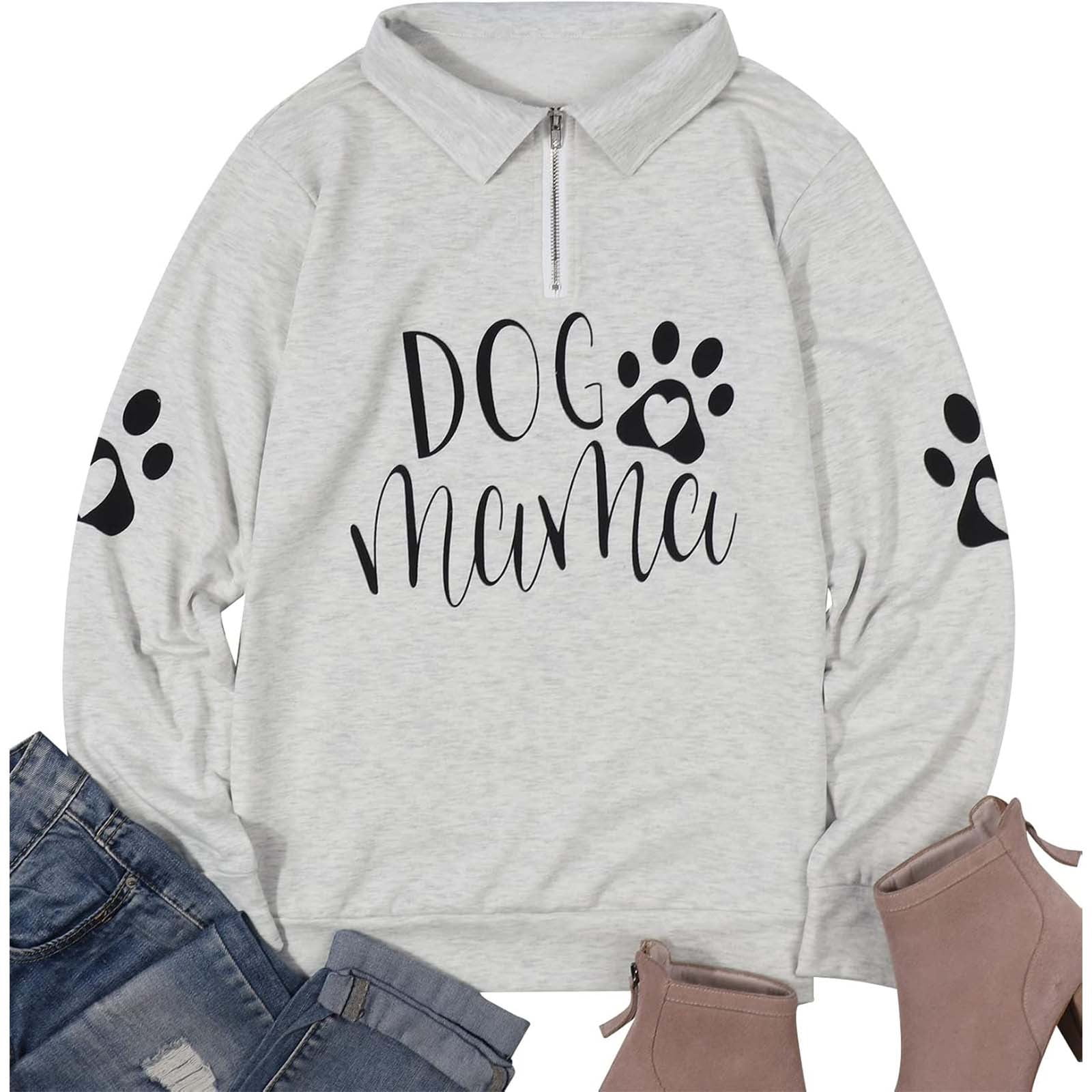 Womens Quarter Zip Loose Fit Pullovers Trendy No Hood Sweatshirts Long Sleeve Dog Mama Letter Printed Tshirts Causal Fall Going out Graphic Tee Tops Light Gray 0722*sweatshirts XL