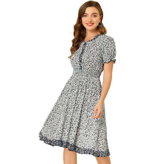 DARING DIVA Floral Ruffle Neck Smocked Waist Dress XS White