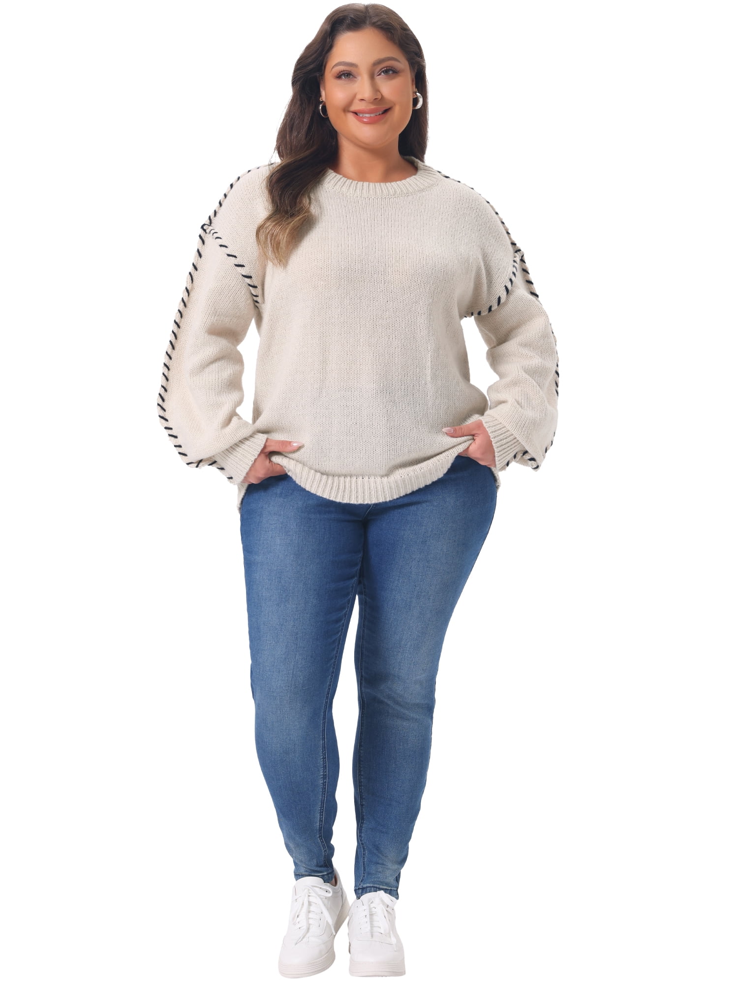 DARING DIVA Women's Plus Round Neck Long Sleeve Knit Pullover Sweater L White