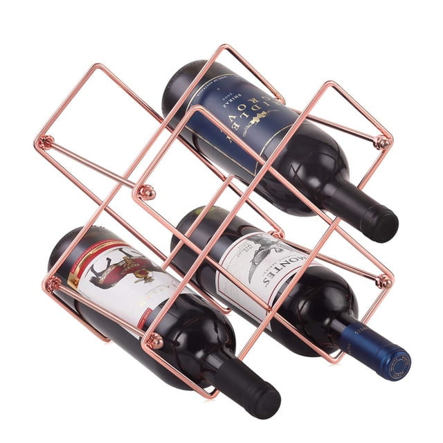 Soporte de metal independiente, moderno y compacto para almacenar vino tinto y blanco sobre encimeras. Botellero de oro rosa para 6 botellas