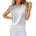 thumbnail image 2 of Pincandy Women's Fashion Solid Loose T-shirt Short Sleeve Sequin Blouse Round Neck Glitter Sequins Shirts Top Casual Cap Sleeve Party Tee Tops,White,S, 2 of 6
