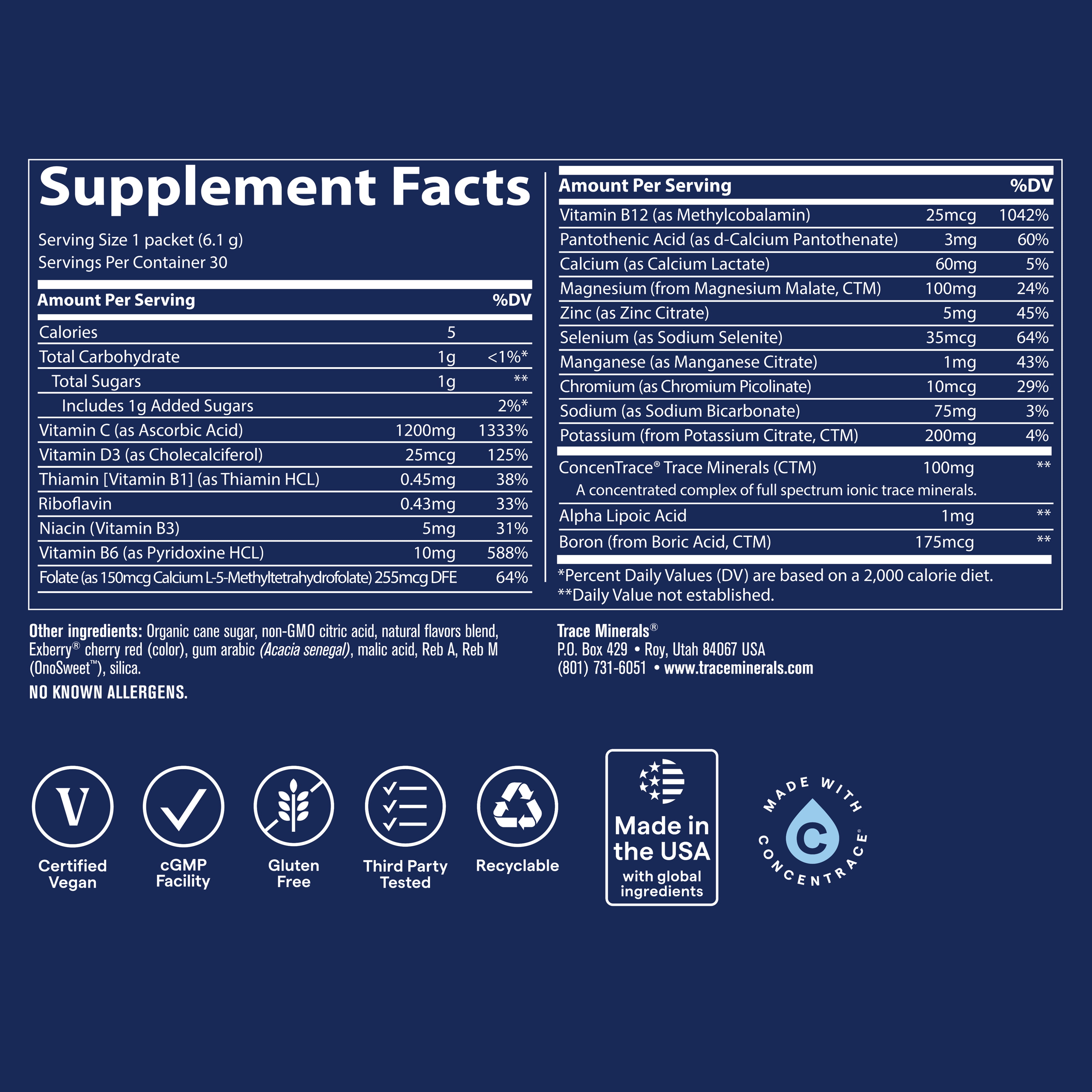 Trace Minerals Power Pak Multivitamin and Multimineral with 1200mg of Vitamin C 30 ct - Raspberry