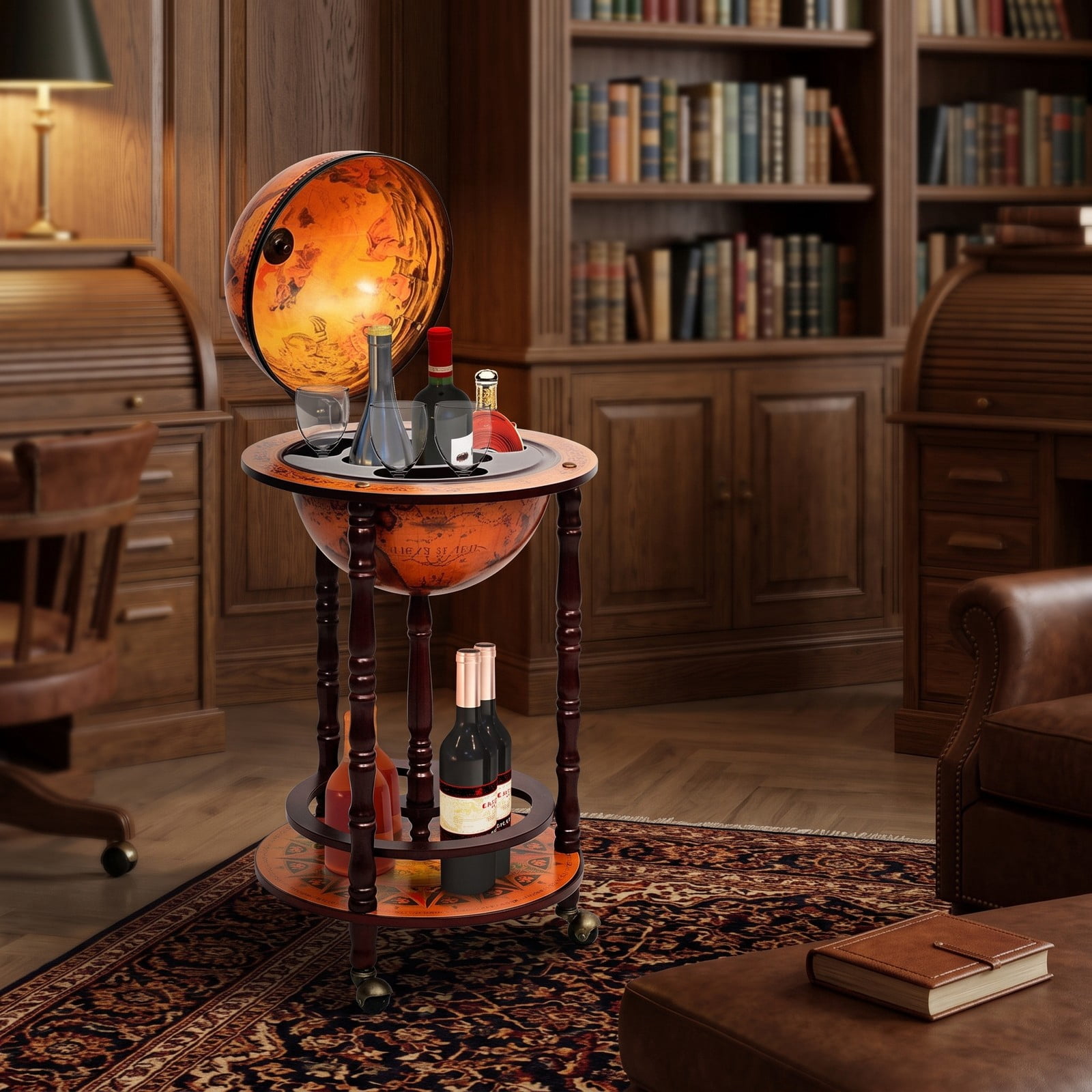 RUIE 16th Century Globe Wine Bar Stand, Freestanding Wood Wine Rack Cabinet with Antique Map Design for Living Room Bar Kitchen Storage, Brown