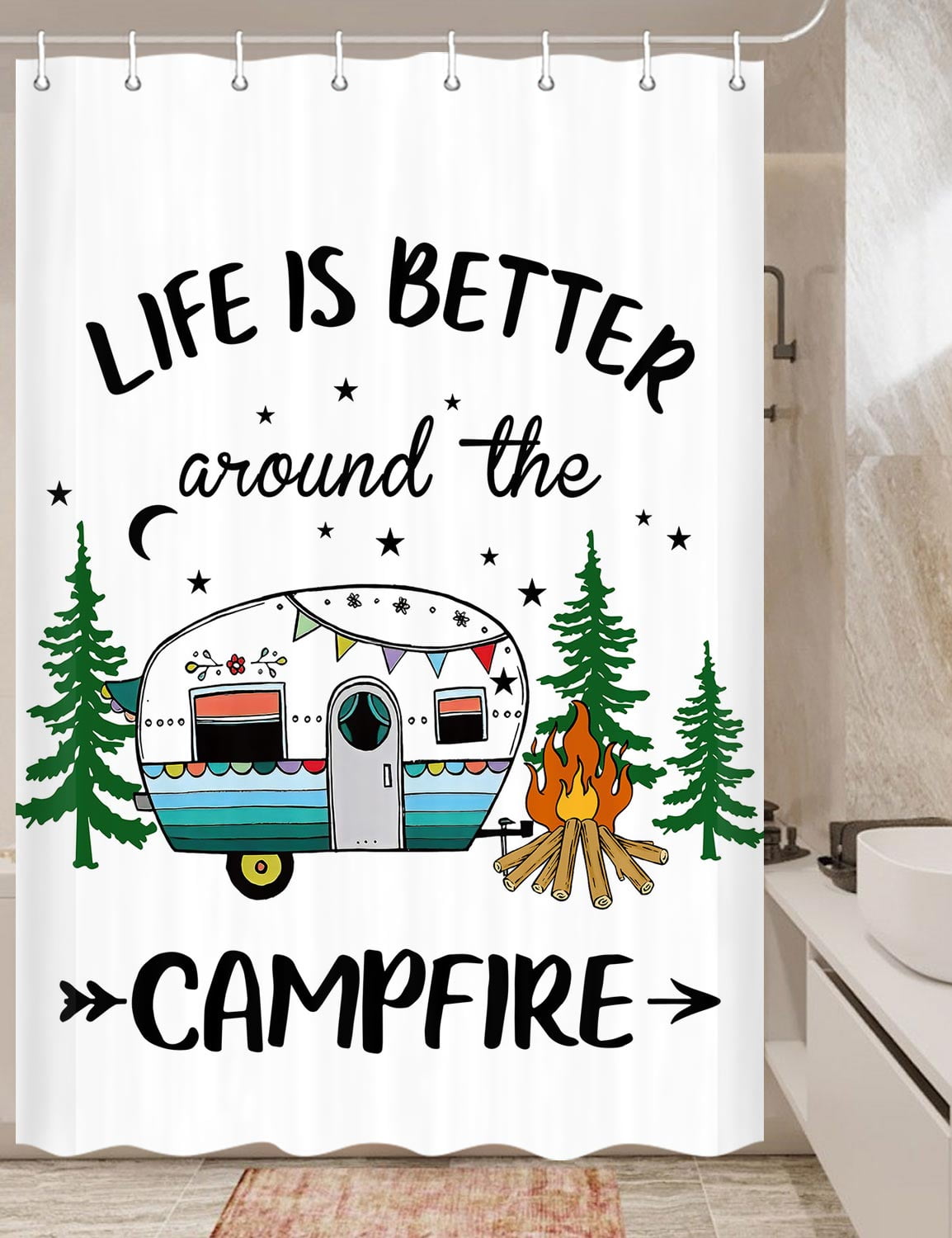 Happy Camper Shower Curtain Retro Rustic Wood Neutral Color For Travel
