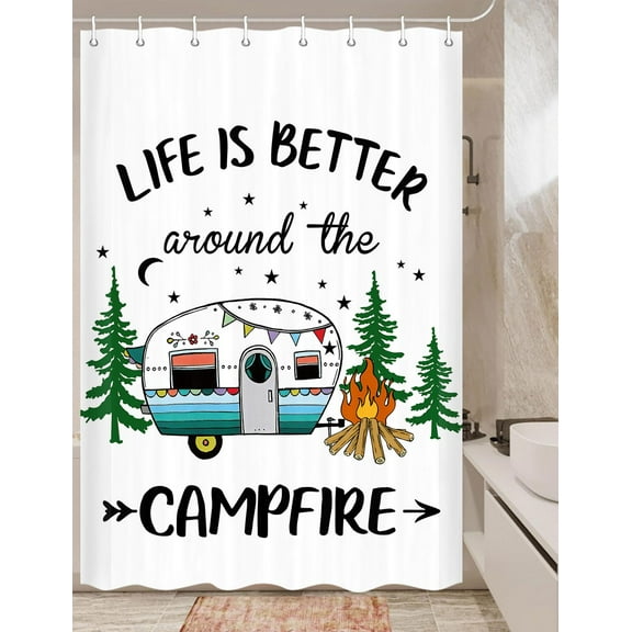 Happy Camper Shower Curtain Retro Rustic Wood Neutral Color For Travel Trailer Camping Theme Motor RV Bathroom Stall Shower Curtain Set, Small Size Waterproof Fabric Shower Cutain, Hooks Include 47x64