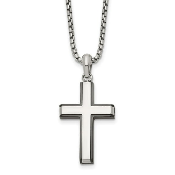 Diamond2Deal Stainless Steel Polished Black IP-plated Edges Cross Pendant on a Box Chain Necklace for Men 20"