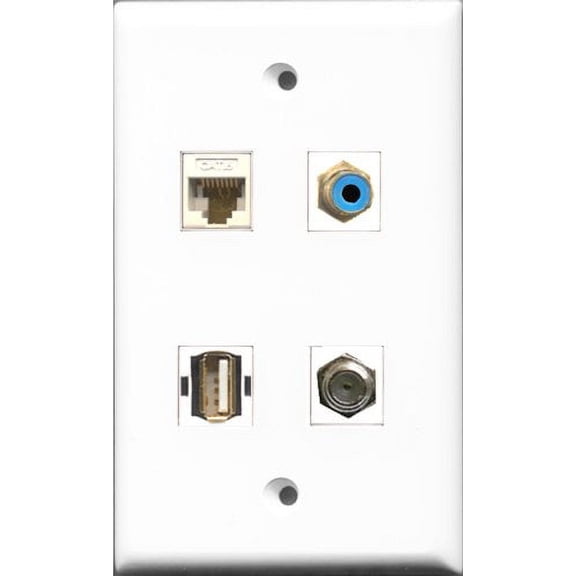 RiteAV 1 Port RCA Blue and 1 Port Coax Cable TV- F-Type and 1 Port USB A-A and 1 Port Cat6 Ethernet White Wall Plate