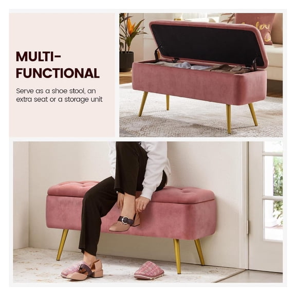 Modern Ottoman Footstool with Storage , Upholstered Bedroom Benches Footrest Stool, Button-Tufted Table for Living Room Bedroom Pink