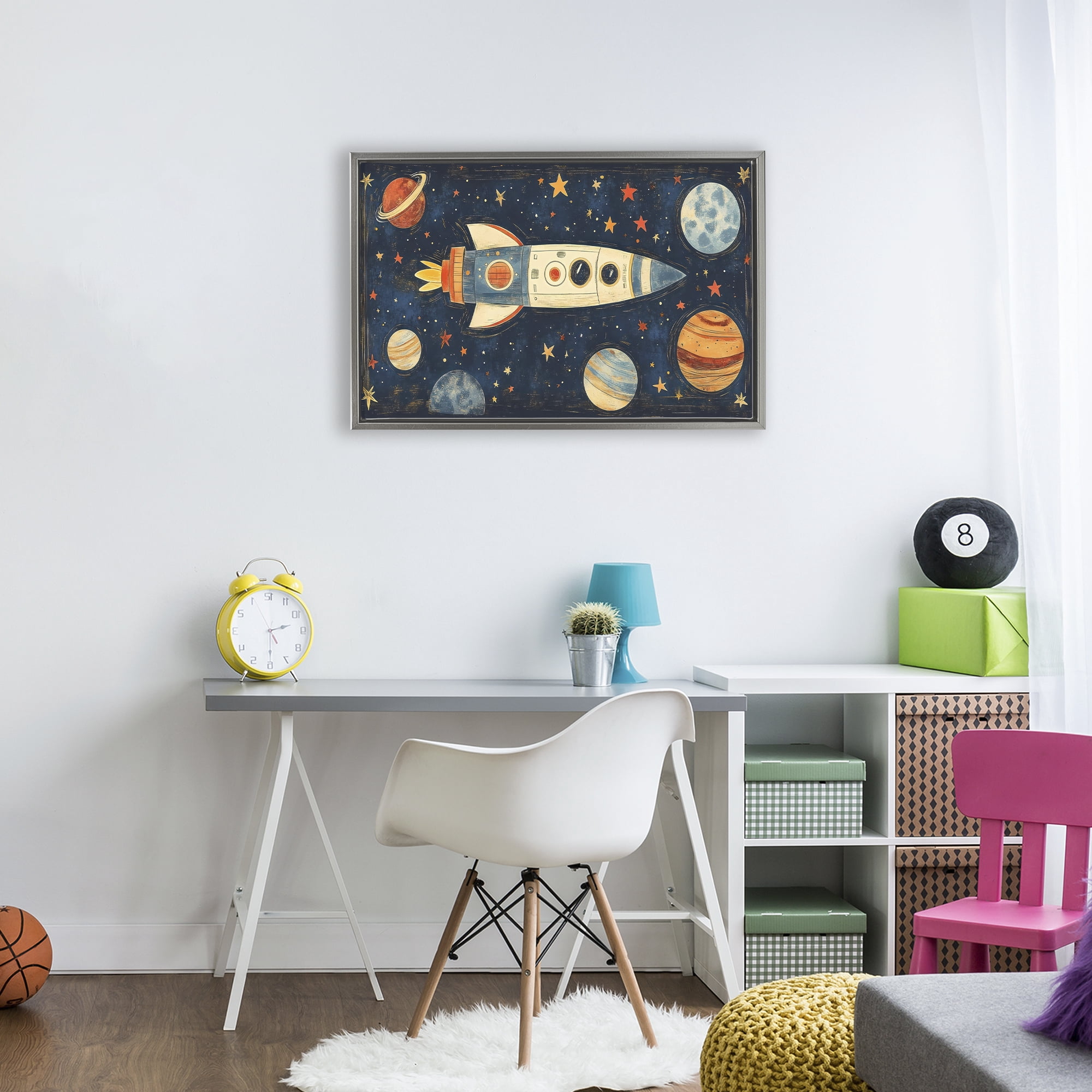 Stupell Industries Retro Rocket & Planets Gray Framed Floater Canvas Wall Art, design by Creative Studio