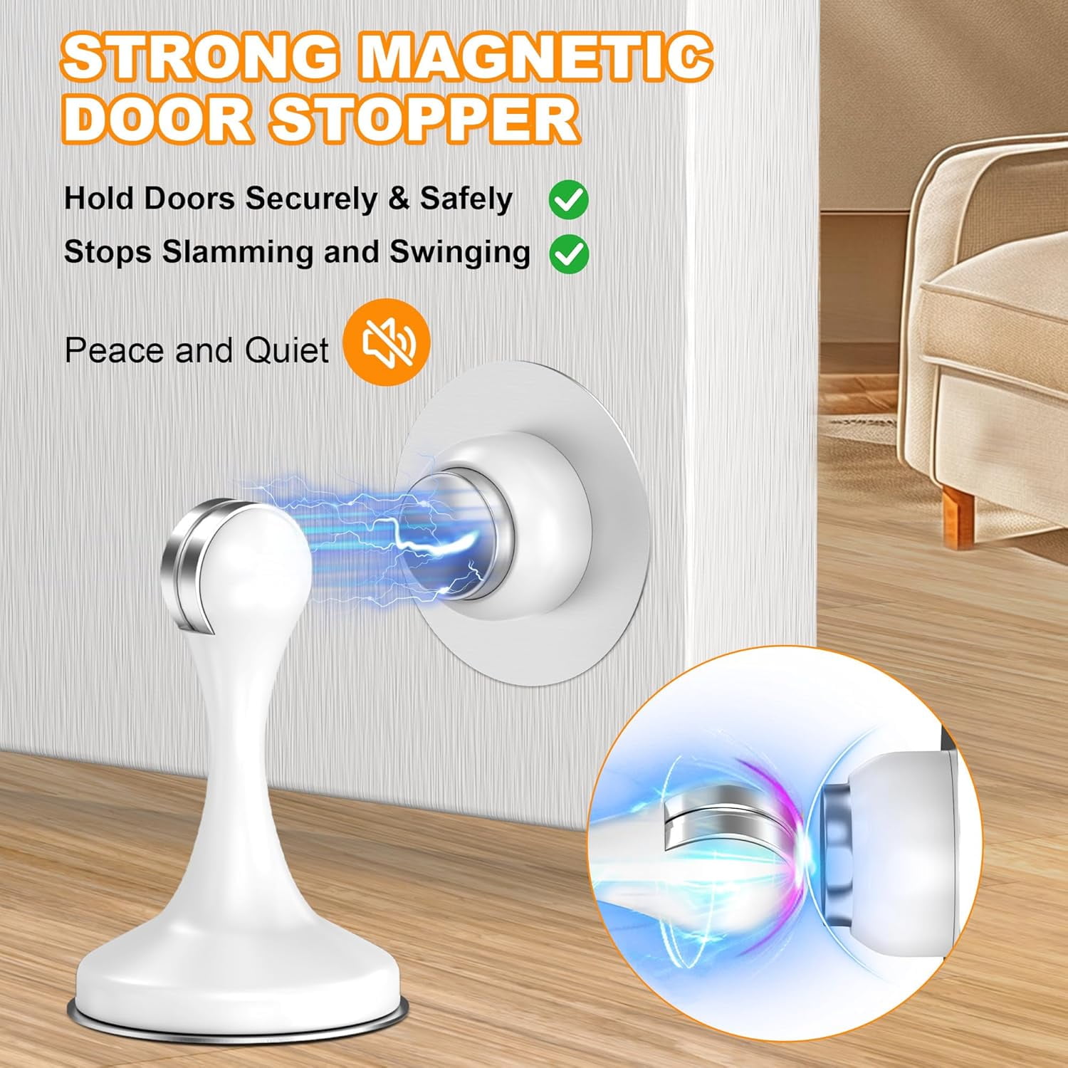 JJEAN-Magnetic Door Stoppers 2 Pack, Stainless Steel Door Stops for Wall and Floor Mounting, Door Holder Keep Door Open, No Drilling Door Stop with Adhesive Tapes, White