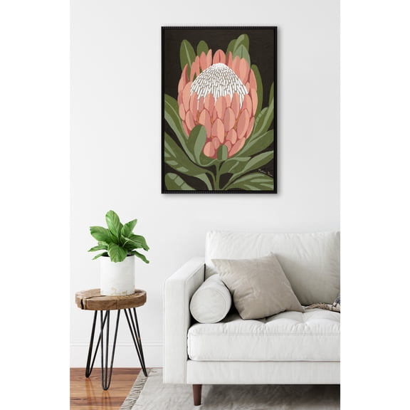 Kate and Laurel Sylvie Beaded Protea Noire Vintage Framed Canvas Wall Art by Mackenzie Nelson, 23x33 Beaded Black, Colorful Flower Art for Wall