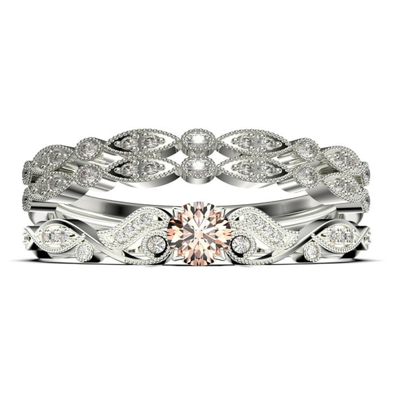 Vintage Look Boho & hippie 1.75 Carat Round Cut Morganite And Diamond Moissanite Engagement Ring, Wedding Ring in 925 Sterling Silver With 18k White Gold Plating, Promise, Trio Set, Matching Band