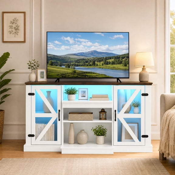 Farmhouse TV Stand for TVs up to 65 ", LED Entertainment Center Media Console Table with Glass Door,White