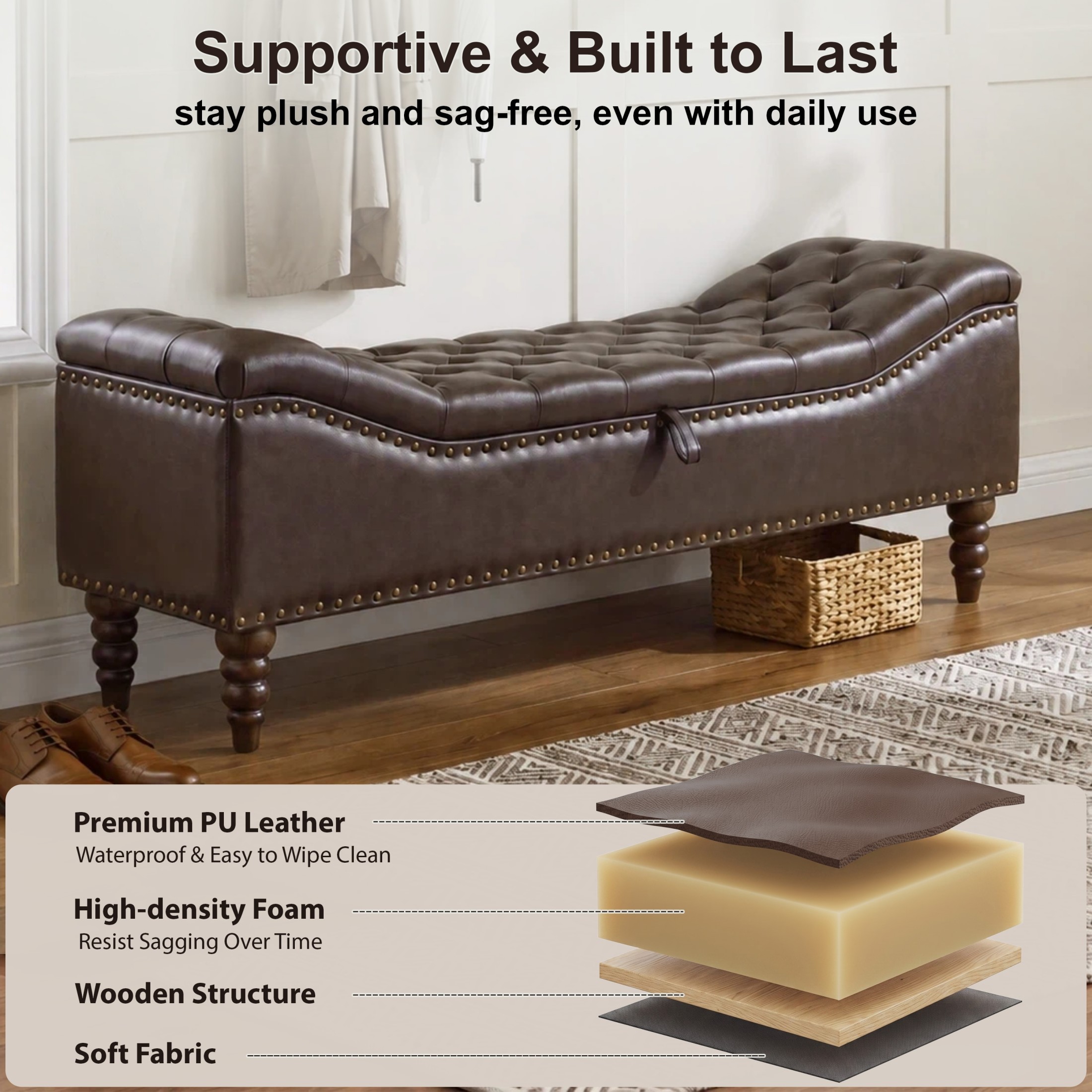 Christopher Knight Home PU Leather Storage Bench, Button-Tufted Ottoman with Nailhead Trim, Dark Brown