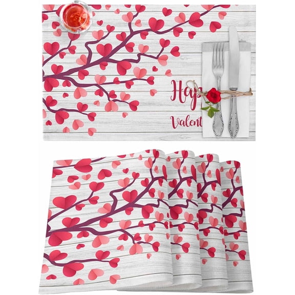 Valentines Placemats Pink Love Heart Tree Valentines Day Place Mats for Dining Room Wood Grain Washable Table Mats for Kitchen Dining Decorations Set of 6