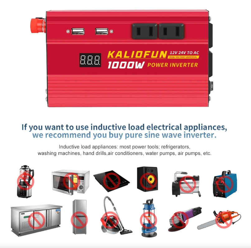 Power Inverter 1000W - 12V/24V Universal Voltage, 110V Output , with LED Display, Red Aluminum Alloy Case
