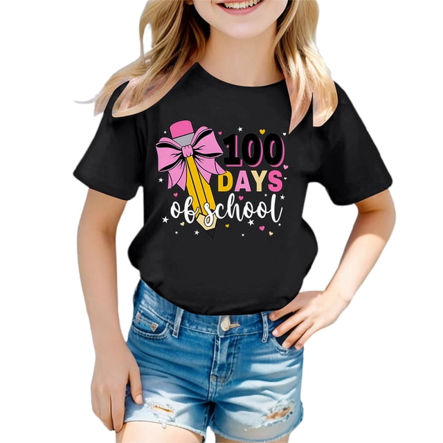 FAOWME T-Shirt Mode Enfant Col Rond Imprimé Cœur Manches Courtes Noir 4-5 Ans