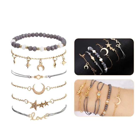 DESIGNICE 6Pcs Beaded Bracelets for Women - Adjustable Charm Pendent Stack Bracelets For Women Girl Friendship Gift Rose Quartz Bracelet Links with Pearl Gold Plated