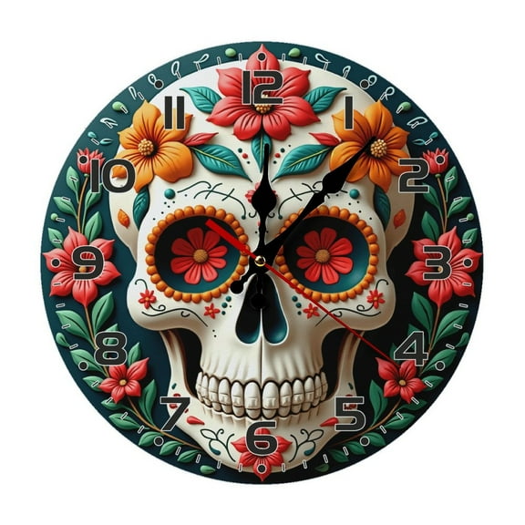 Skull Sugar Skeletton Floral Wall Clock 10 Inch Silent Non Ticking Round Clock Decoration for Living Room Kitchen Bedroom Bathroom Office Classroom