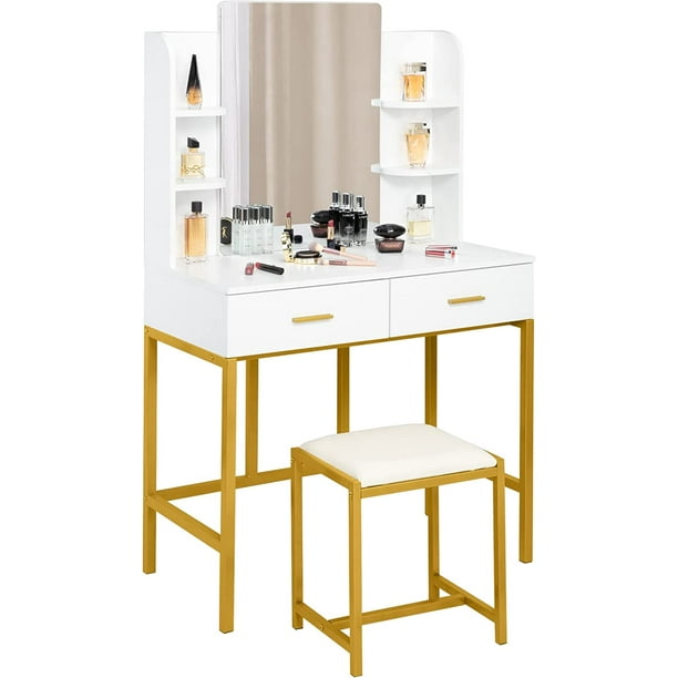 VINGLI Vanity Set with Mirror & Stools,Modern White Makeup Vanity Table
