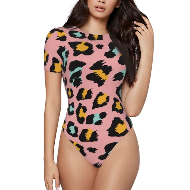 Fotbe Leopard Body de Mujer con Cuello Redondo y Mangas Cortas, Sin Mangas Ajustado, Suave, Cómodo y Básico-Medium